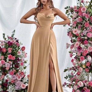 SHEIN Champagne Satin Cowl Neck Slit Maxi Dress